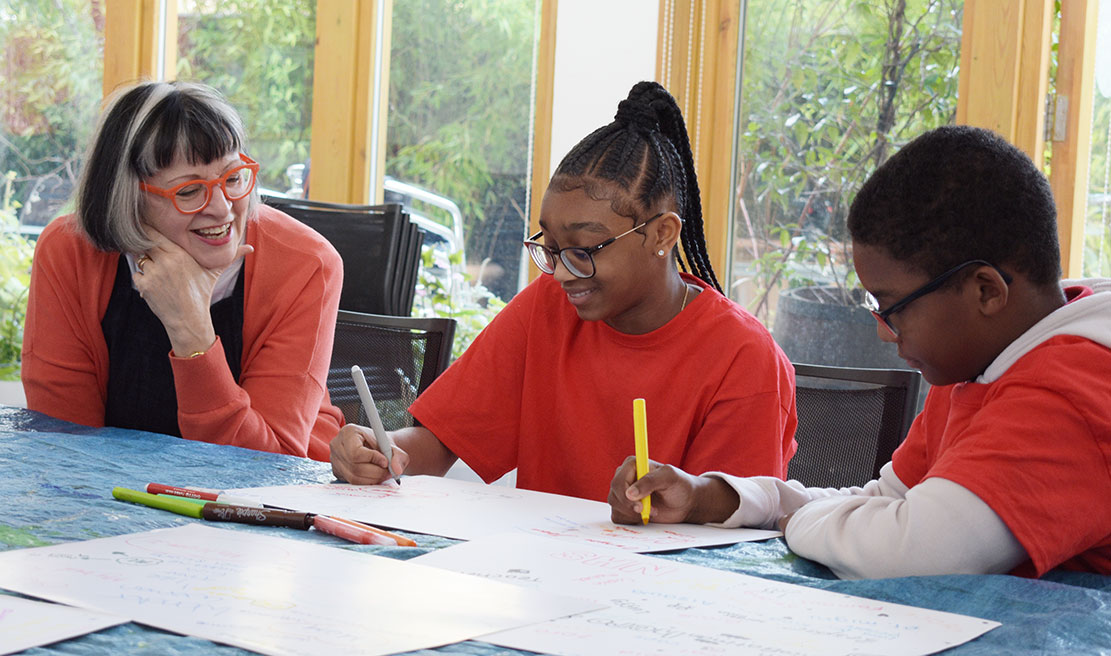 A behind the scenes photo from Grayson Perry's Channel 4 show Grayson's Art Club with young carers from Lambeth