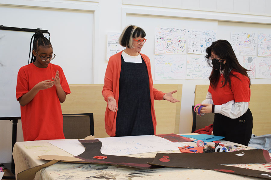 A behind the scenes photo from Grayson Perry's Channel 4 show Grayson's Art Club with young carers from Lambeth