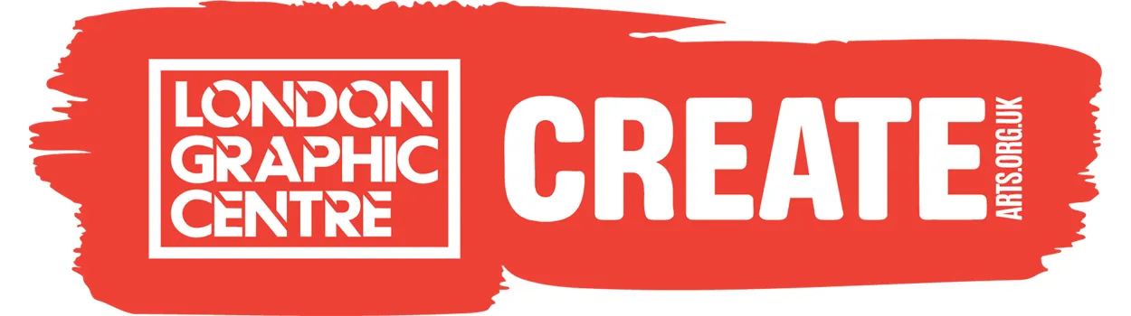 A partnership logo between London Graphic Centre and Create. White text on red background
